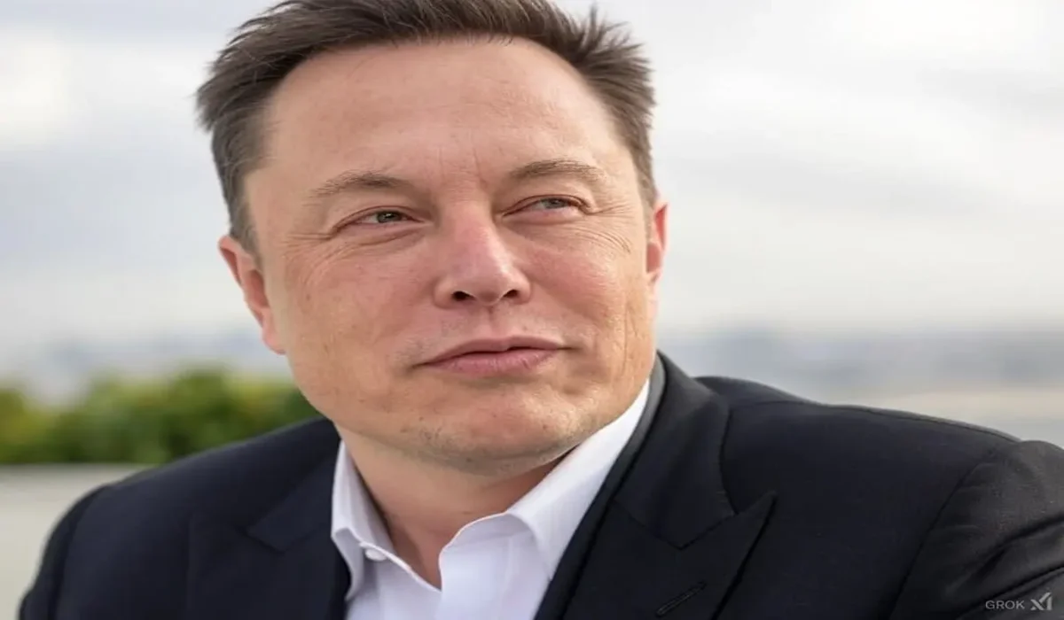 Primer plano de Elon Musk con expresión pensativa y fondo desenfocado.
