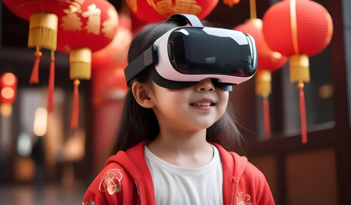 Una niña pequeña con un casco de realidad virtual blanco y negro sonríe levemente.
