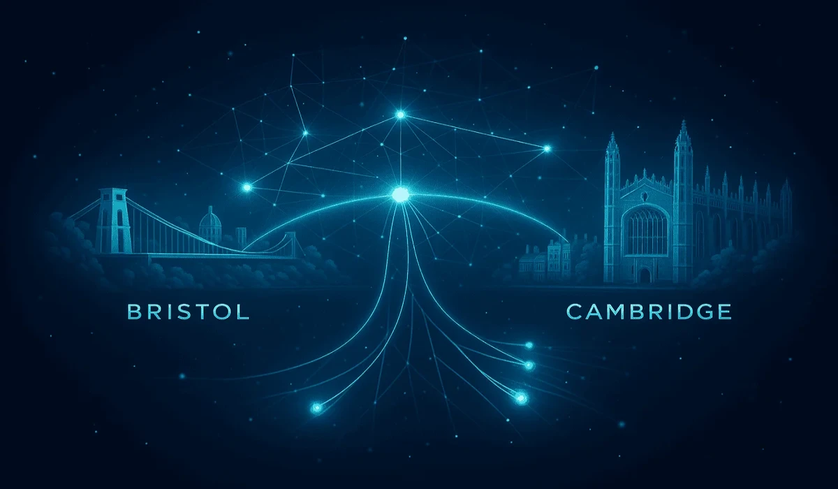 Ilustración digital de la red cuántica entre Bristol y Cambridge