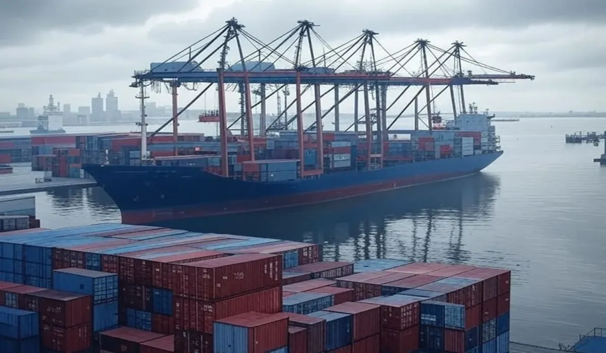 Barco de carga en puerto con contenedores coloridos siendo descargados y cargados en el muelle.