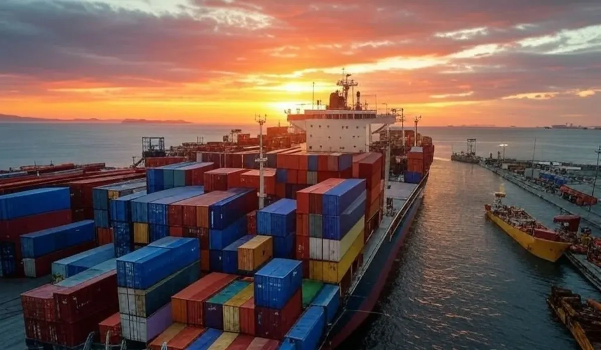 Barco de carga cargado con contenedores multicolores navegando por un puerto al amanecer en China.