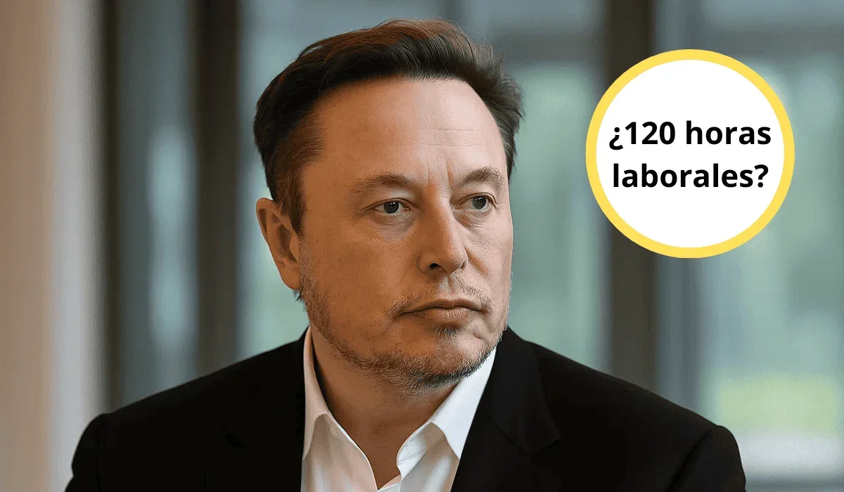Elon Musk con gesto serio y un círculo que dice "¿120 horas laborales?"