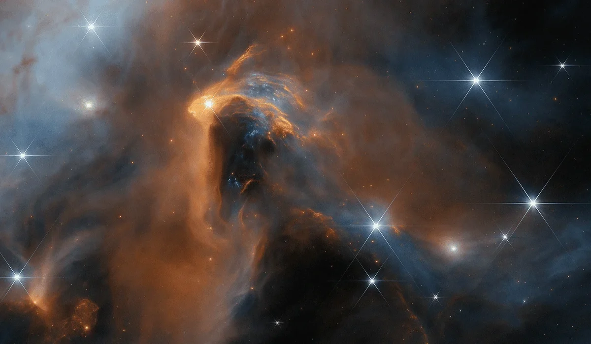 Ilustración científica de la nebulosa NGC 1333 con nubes de gas y estrellas jóvenes, basada en datos del telescopio James Webb.