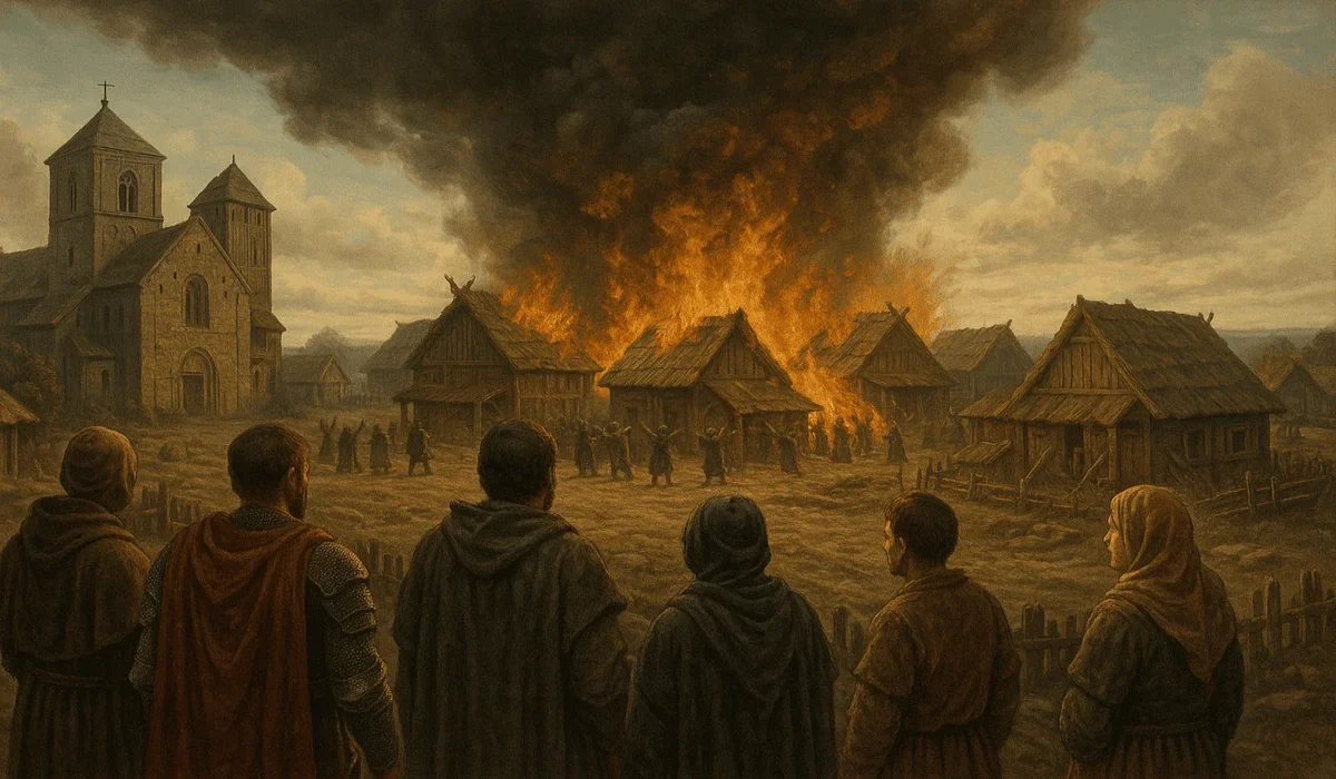 Ilustración digital del colapso de un poblado medieval en llamas, observada por habitantes con ropas de época frente a una iglesia.