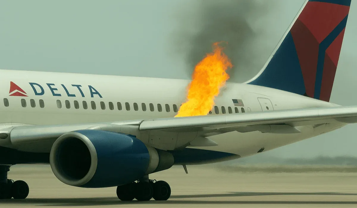 Avión de Delta Air Lines con fuego saliendo del motor derecho en pista del aeropuerto de Orlando.