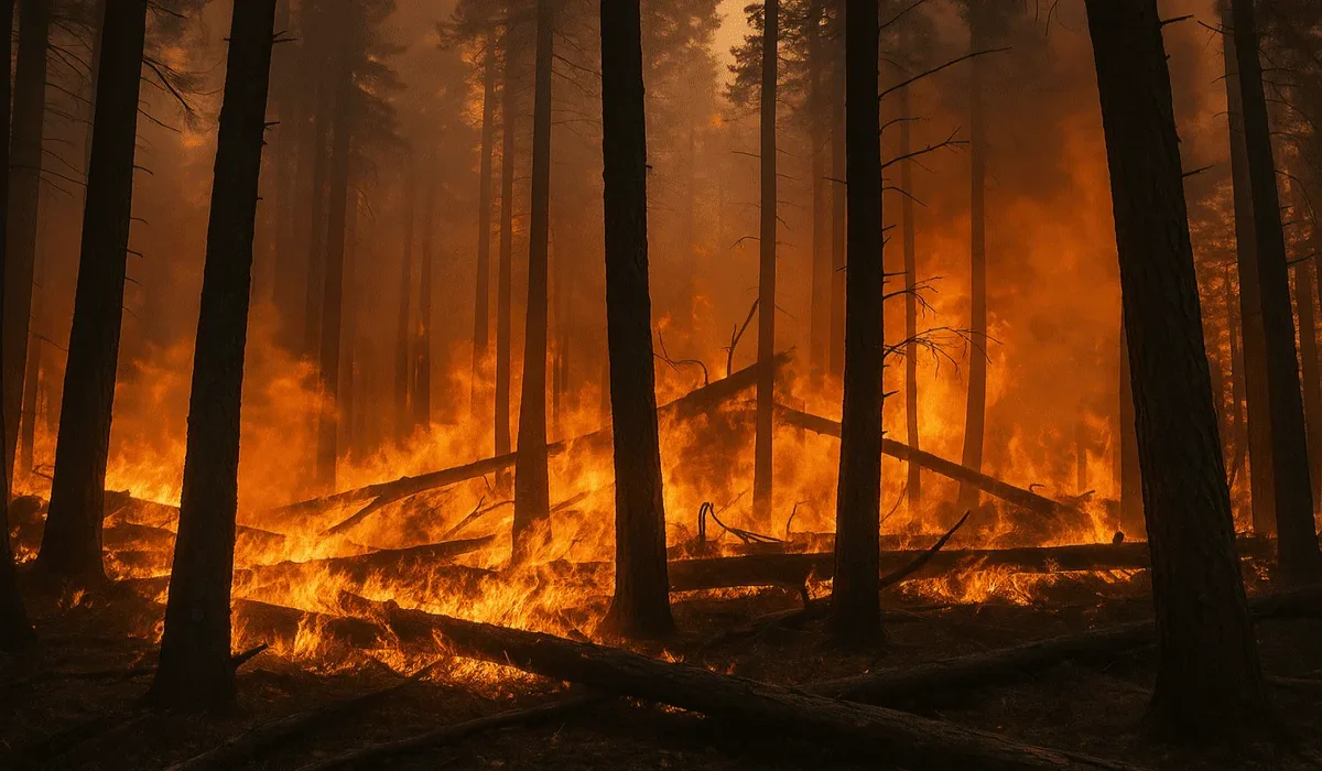 Llamas arrasan con un bosque seco y provocan una intensa columna de humo.