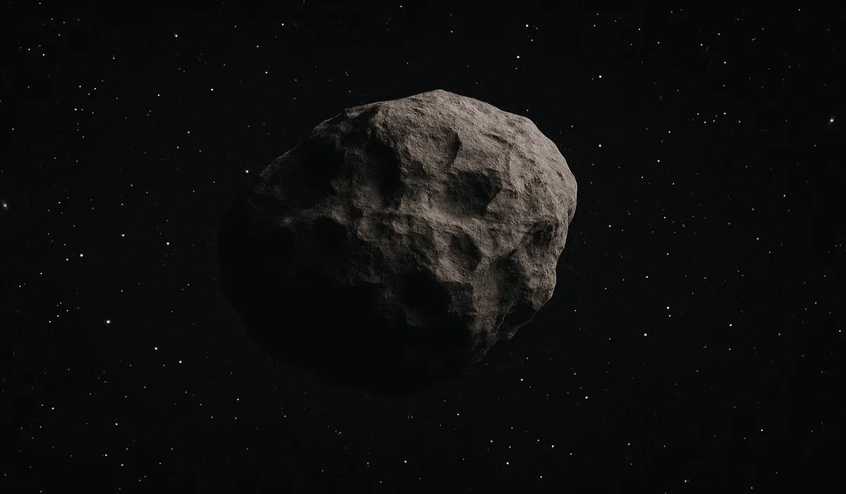 Meteorito flotando en el espacio profundo con un fondo estrellado.