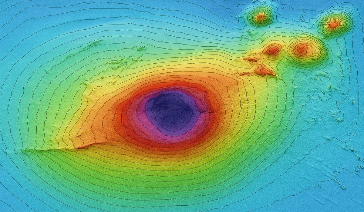 Mapa topográfico en color del volcán submarino Kolumbo en el mar Egeo