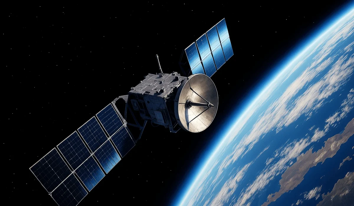 Satélite de comunicaciones en órbita apuntando hacia la Tierra.