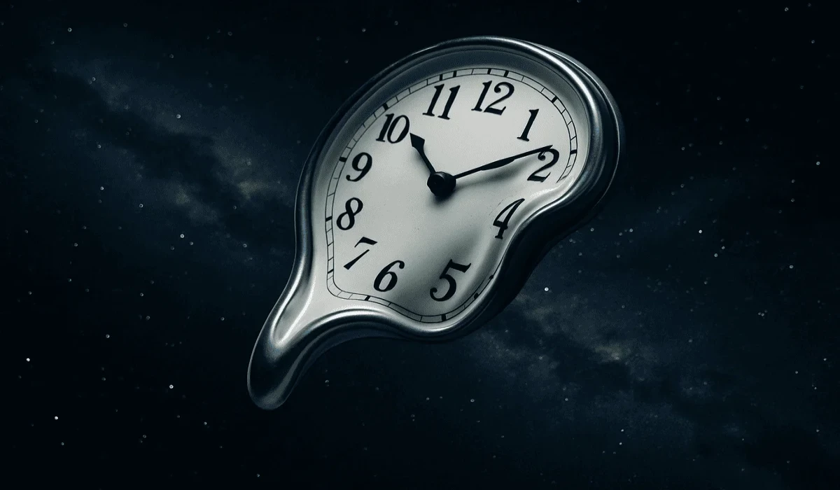 Reloj distorsionado flotando en el espacio, simbolizando la paradoja del tiempo.