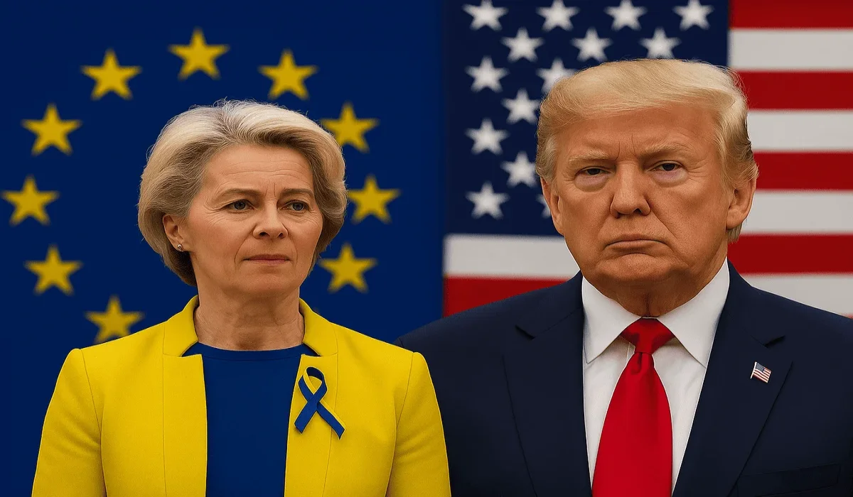 Ursula von der Leyen y Donald Trump juntos, con las banderas de la Unión Europea y Estados Unidos al fondo