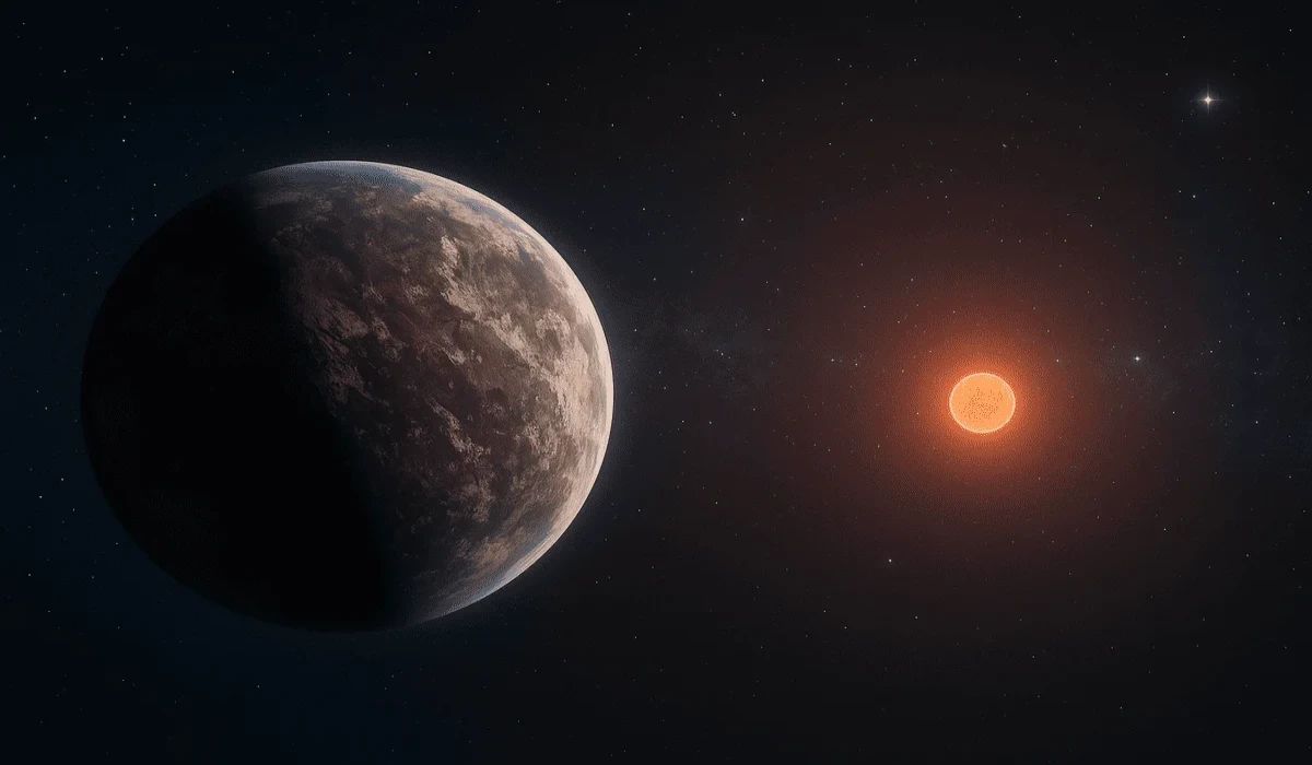 Ilustración artística de una supertierra en órbita lejana alrededor de una estrella fría, con fondo estelar desenfocado