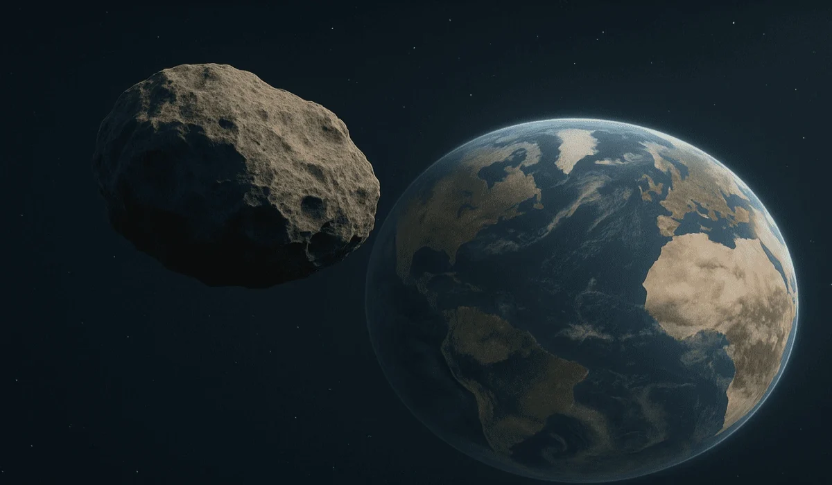 Representación realista de un asteroide aproximándose a la Tierra con detalles visibles de su superficie