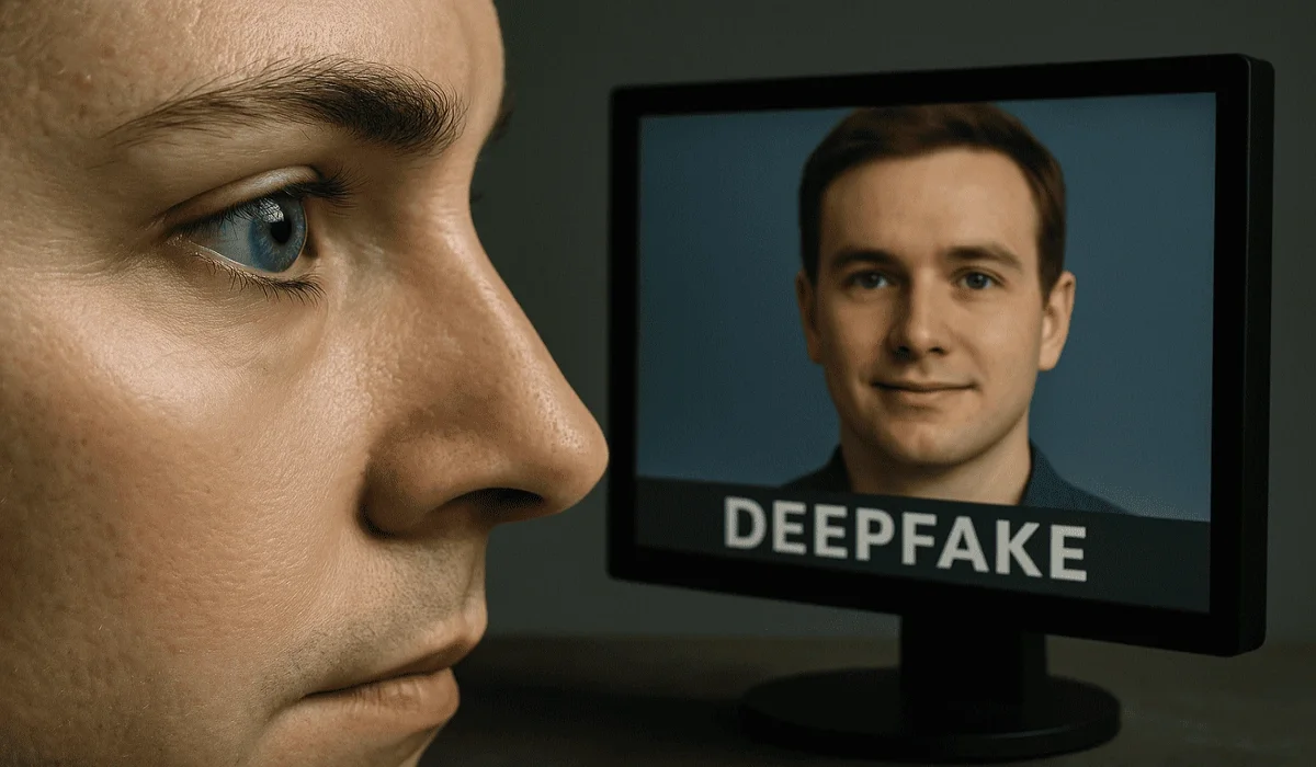Comparación entre un rostro real y un deepfake mostrado en pantalla