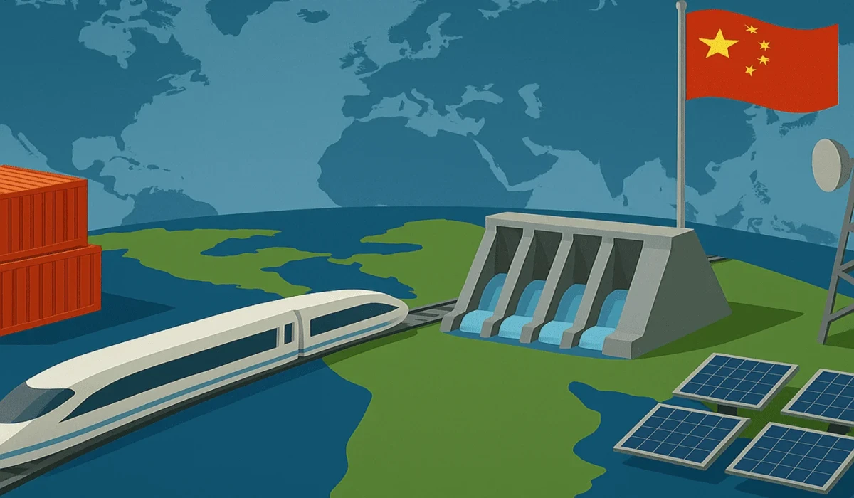 lustración digital de megaproyectos de China en América Latina, destacando trenes y energía renovable.