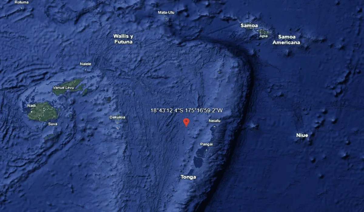 Ubicación del epicentro del terremoto cerca de Tonga