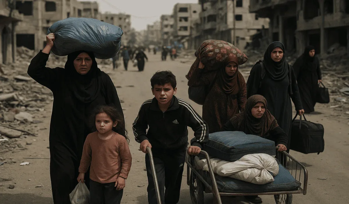 Familias palestinas desplazadas caminan por una calle destruida en Gaza