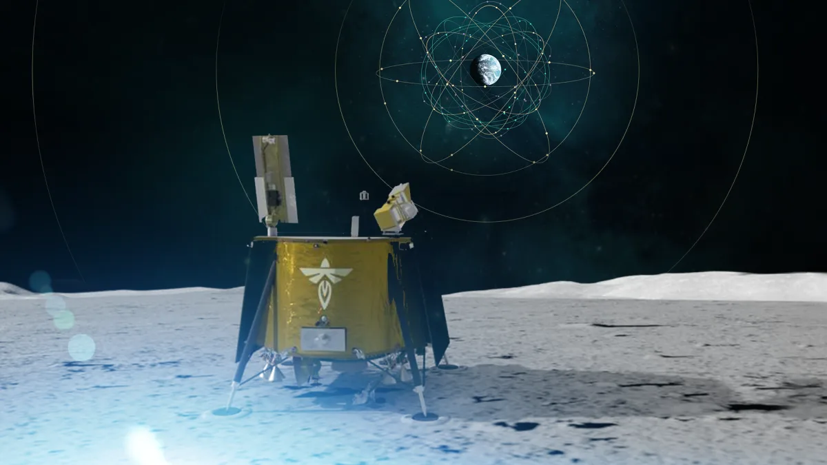 Representación ficticia del módulo de aterrizaje lunar Blue Ghost equipado con LuGRE, diseñado para pruebas de navegación lunar.