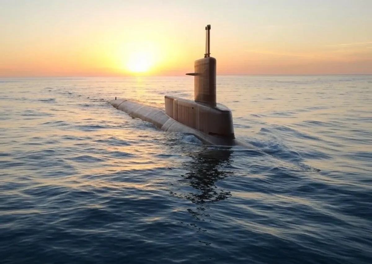 Submarino nuclear desplazándose por el océano mientras el sol se pone en el horizonte.