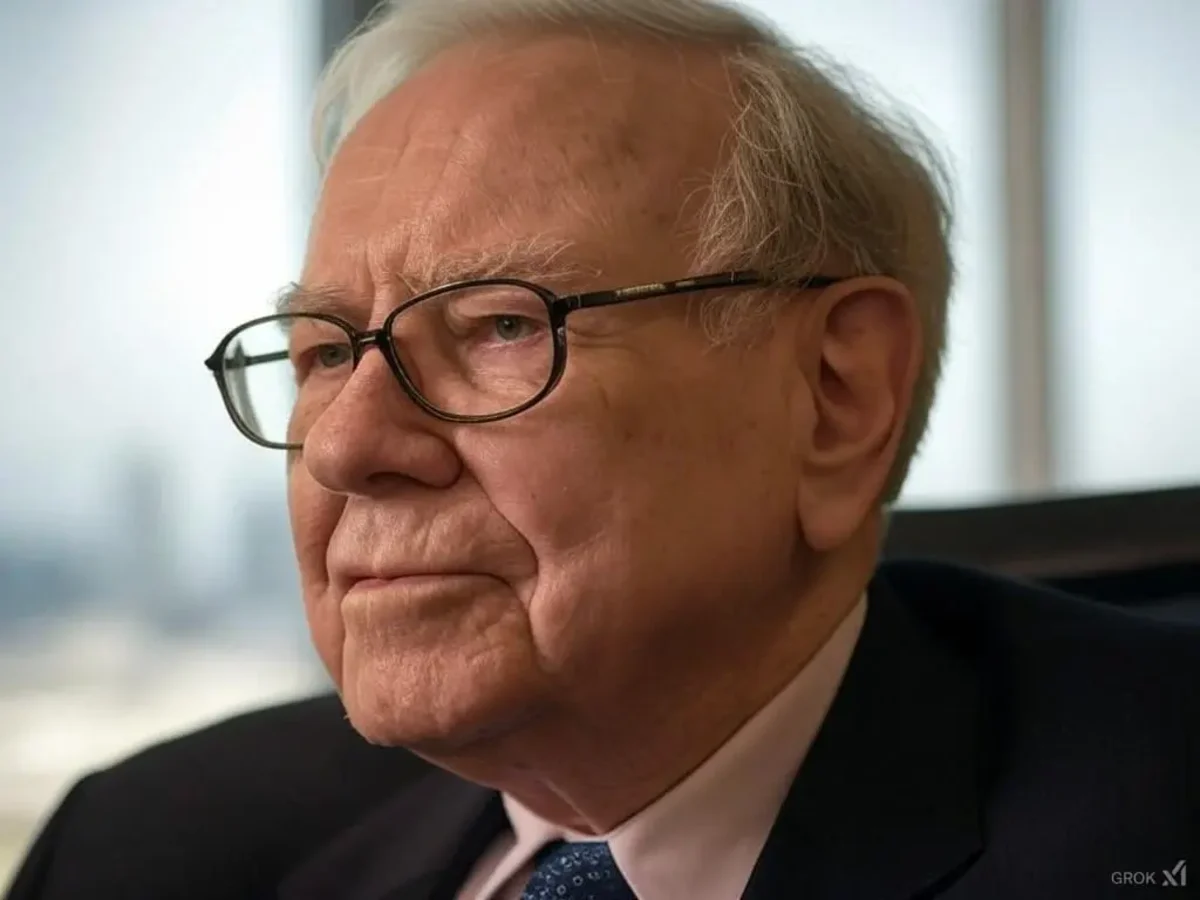 Retrato de Warren Buffett, inversor y empresario estadounidense, con gafas y expresión seria en un entorno de oficina con luz natural.