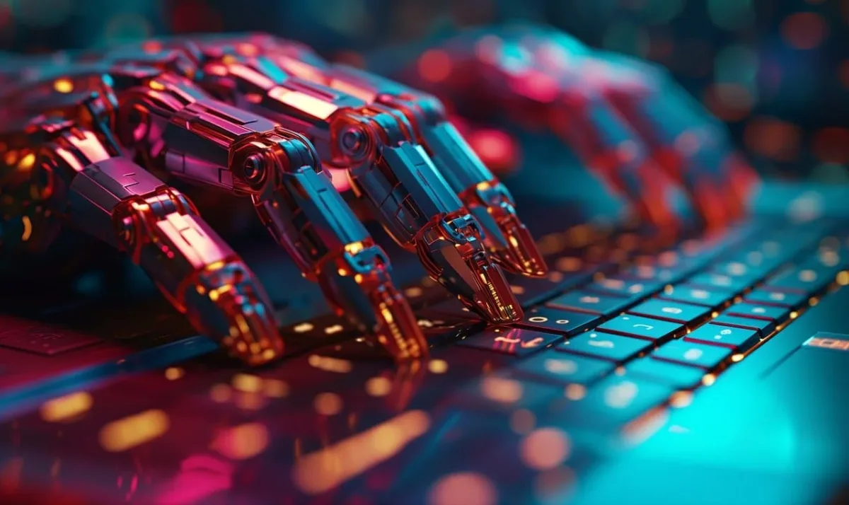 Mano robótica escribiendo en un teclado iluminado, representando el impacto de la inteligencia artificial en la creatividad y la tecnología.
