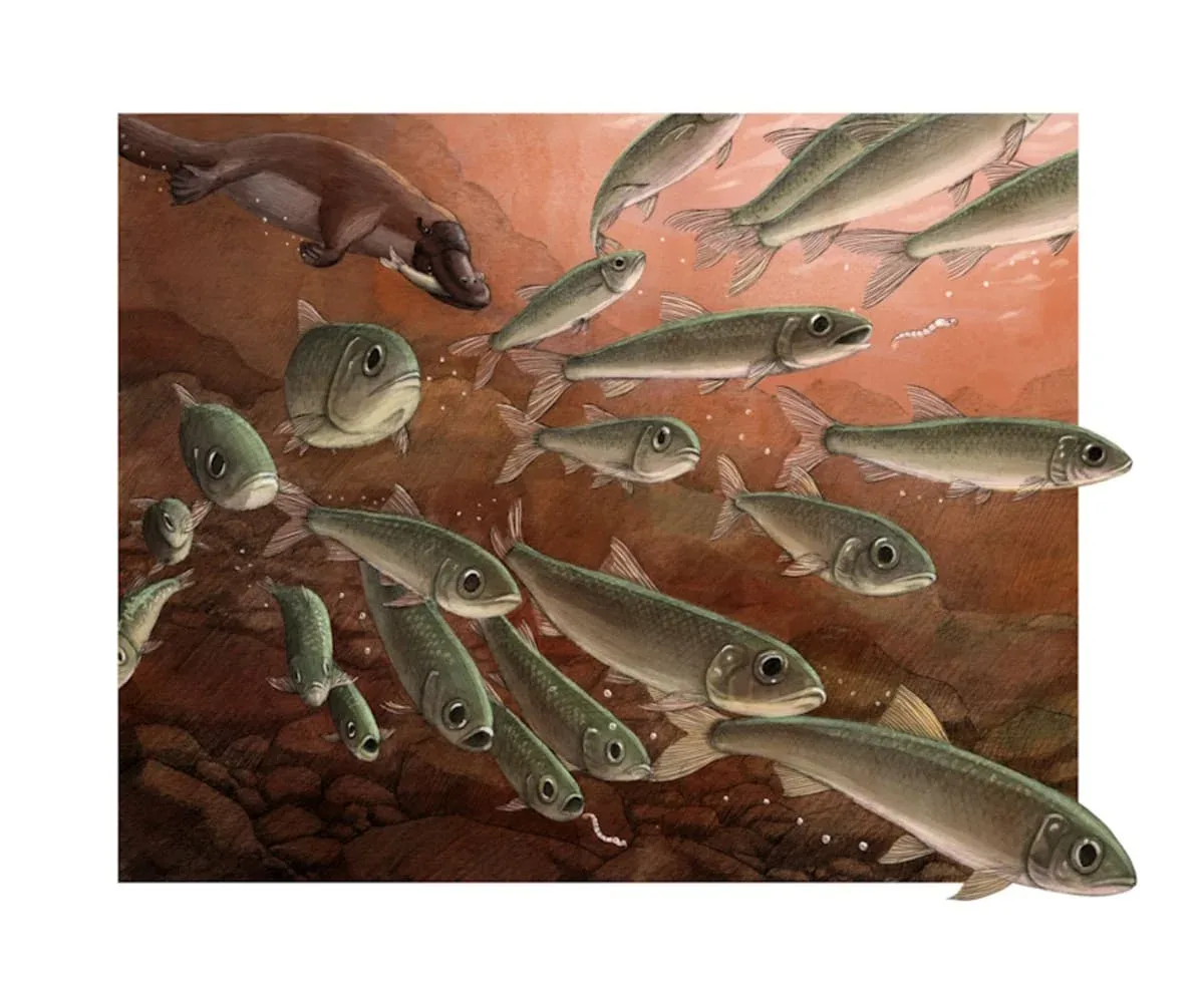 Ilustración de un banco de Ferruaspis perseguido por el ornitorrinco extinto Obdurodon en un ecosistema prehistórico.