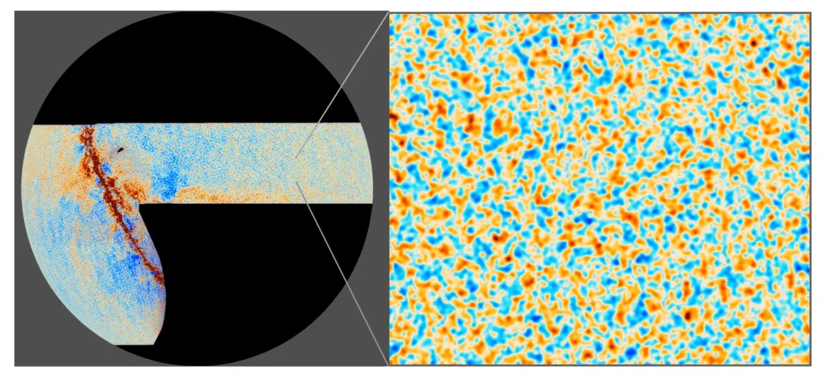 Imagen polarizada del universo bebé, mostrando la radiación de fondo cósmica y la formación de primeras galaxias.