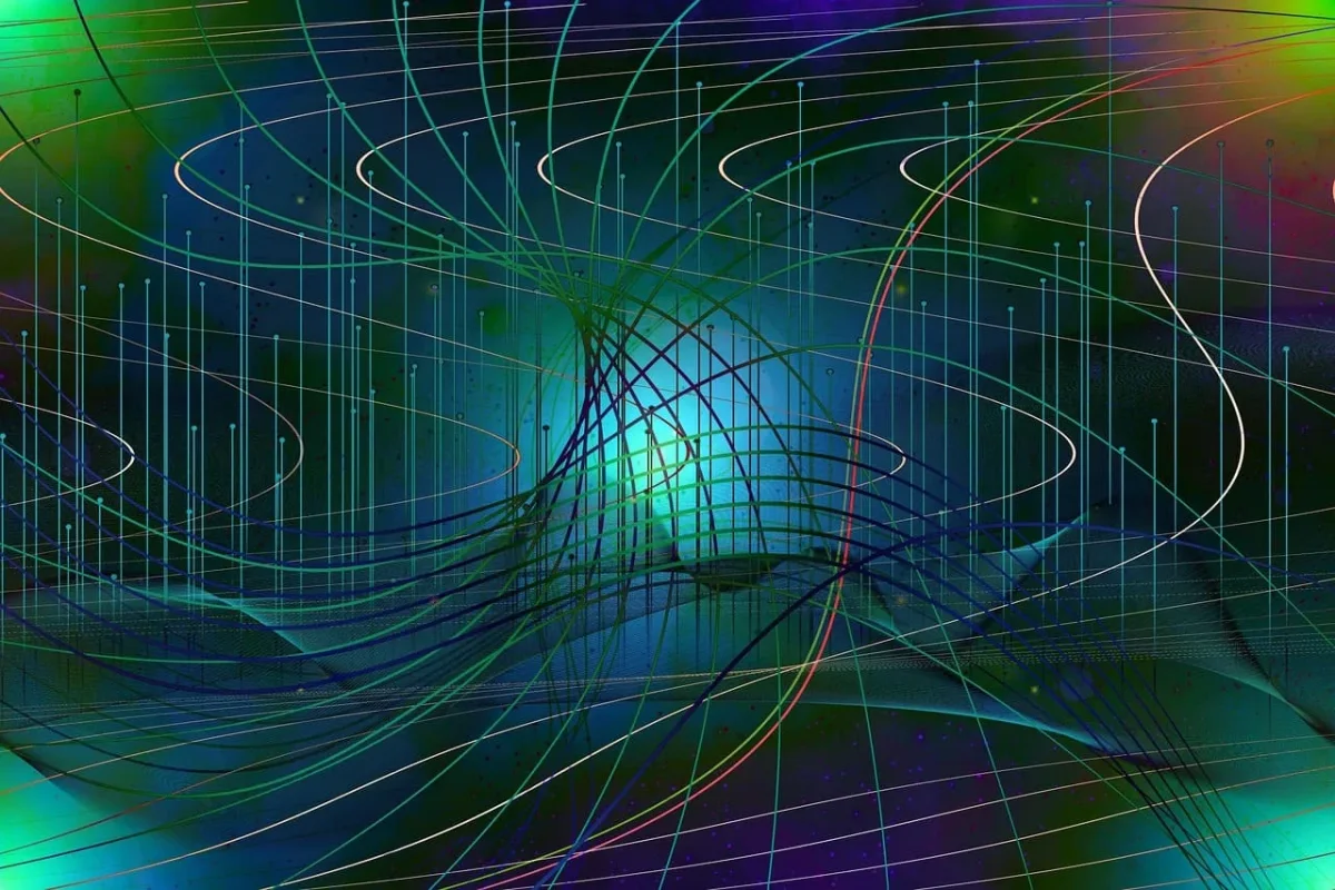 Ilustración abstracta de interconexiones cuánticas, representando la transmisión de información mediante fotones en guías de ondas superconductoras.