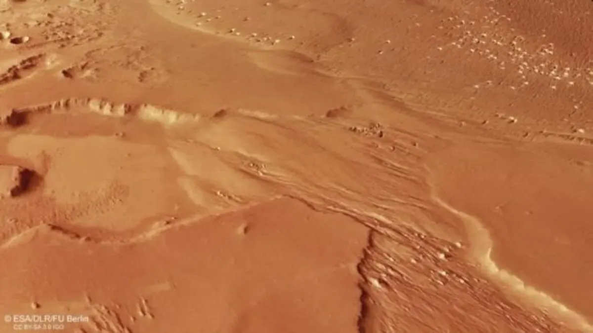 Vista en perspectiva de Medusae Fossae en Marte con detalles de erosión superficial