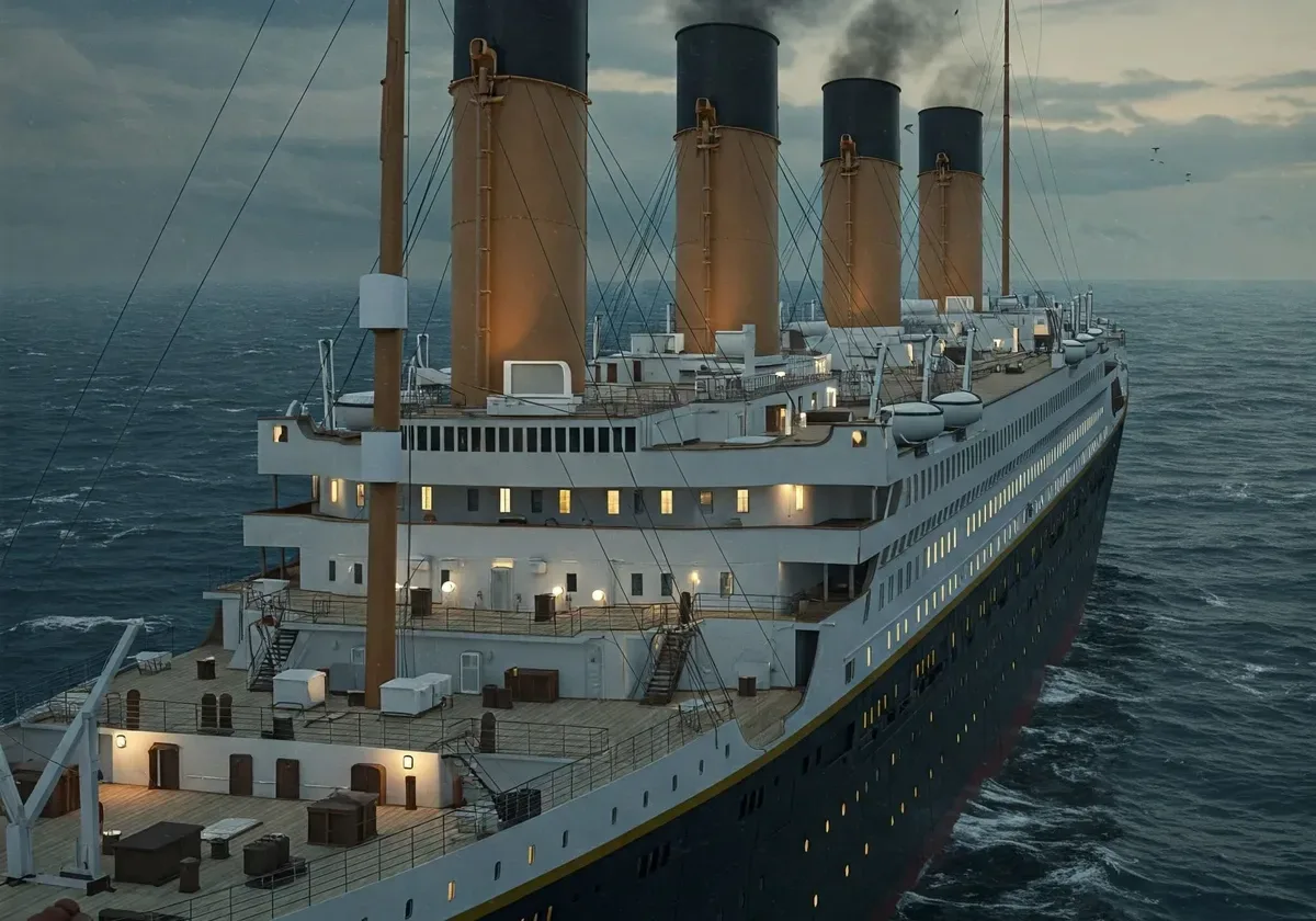 Representación artística hiperrealista del RMS Titanic navegando antes del hundimiento.