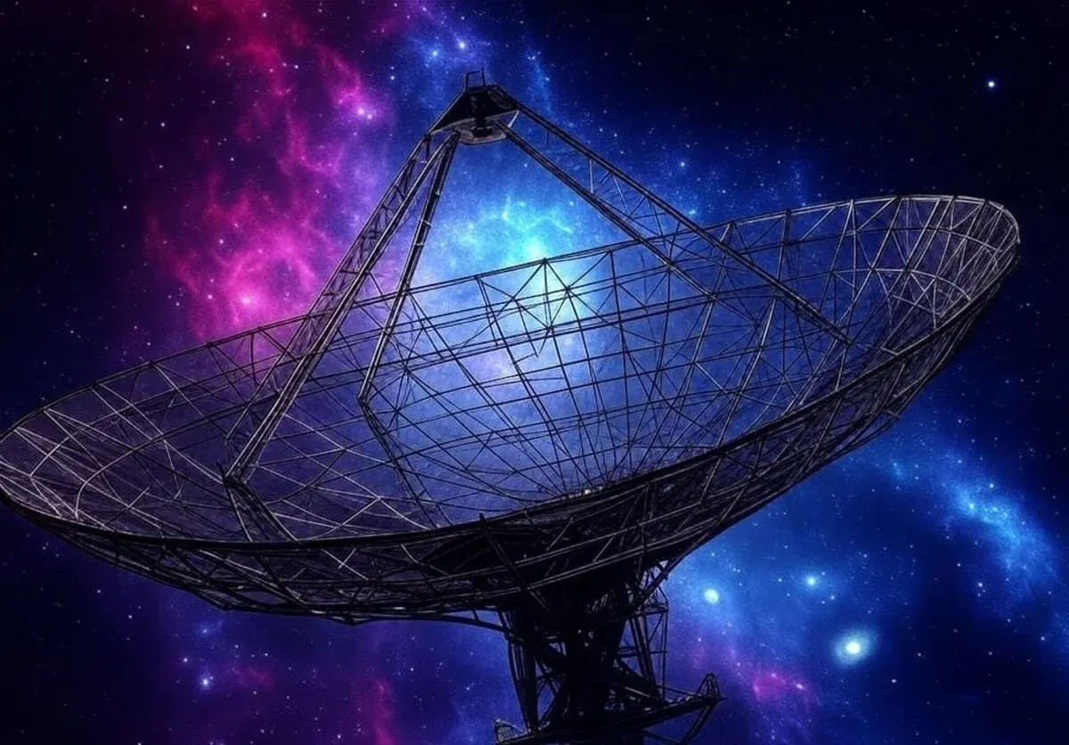 Antena parabólica de gran tamaño orientada al cielo nocturno, con una nebulosa de fondo, representando tecnología de detección cósmica.
