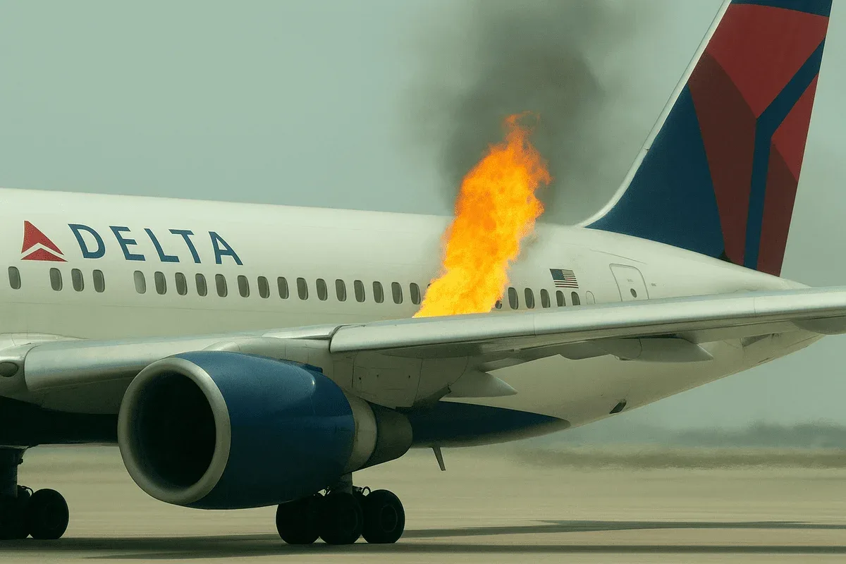 Avión de Delta Air Lines con fuego saliendo del motor derecho en pista del aeropuerto de Orlando.