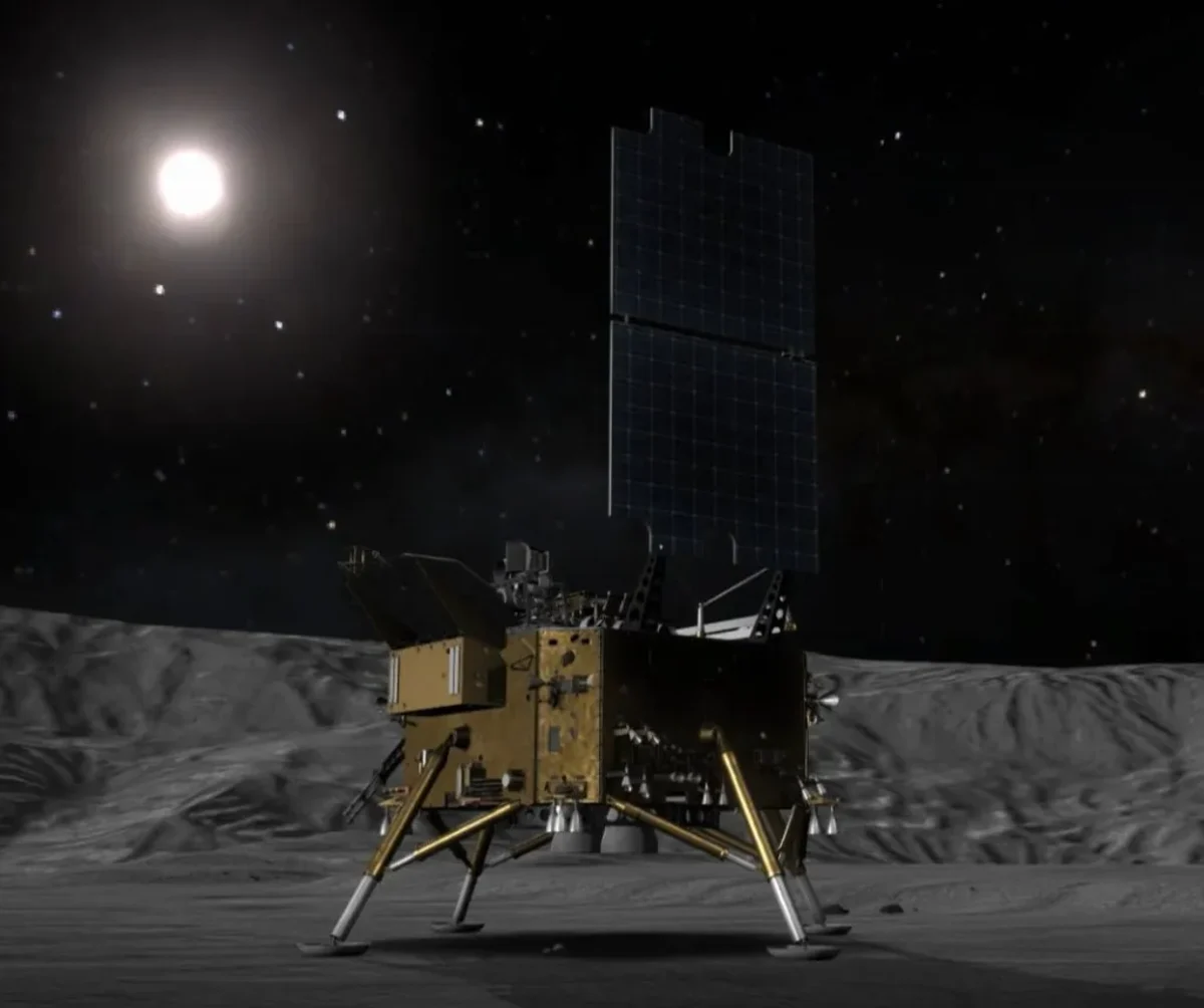 Representación artística del módulo Chang'e-8 de China explorando la superficie de la Luna.