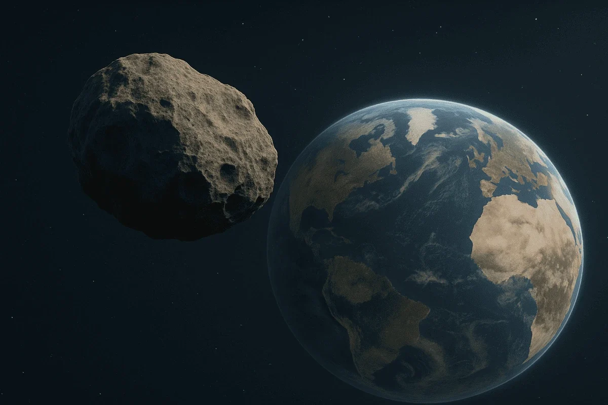 Representación realista de un asteroide aproximándose a la Tierra con detalles visibles de su superficie