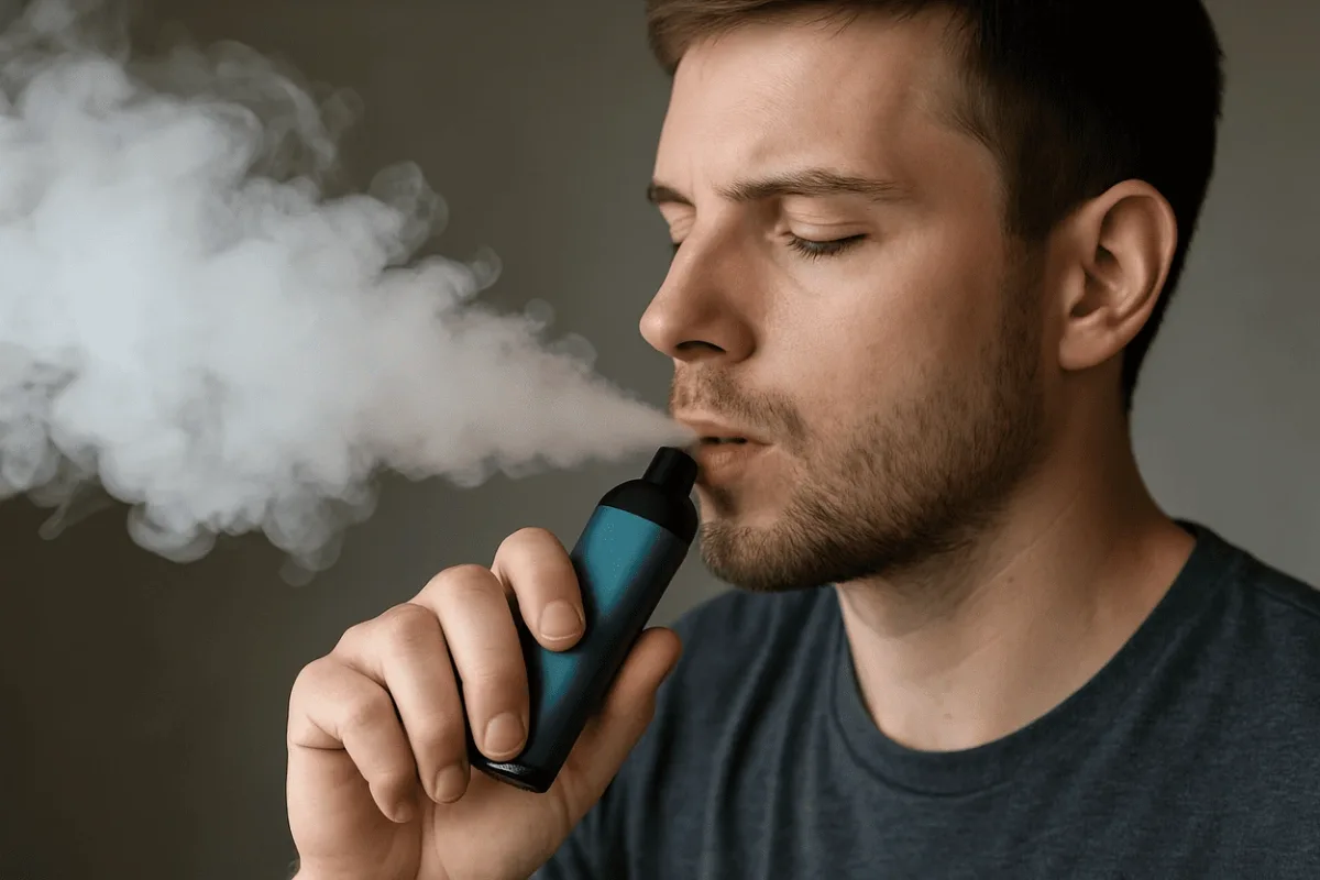 Joven exhalando vapor de un cigarrillo electrónico