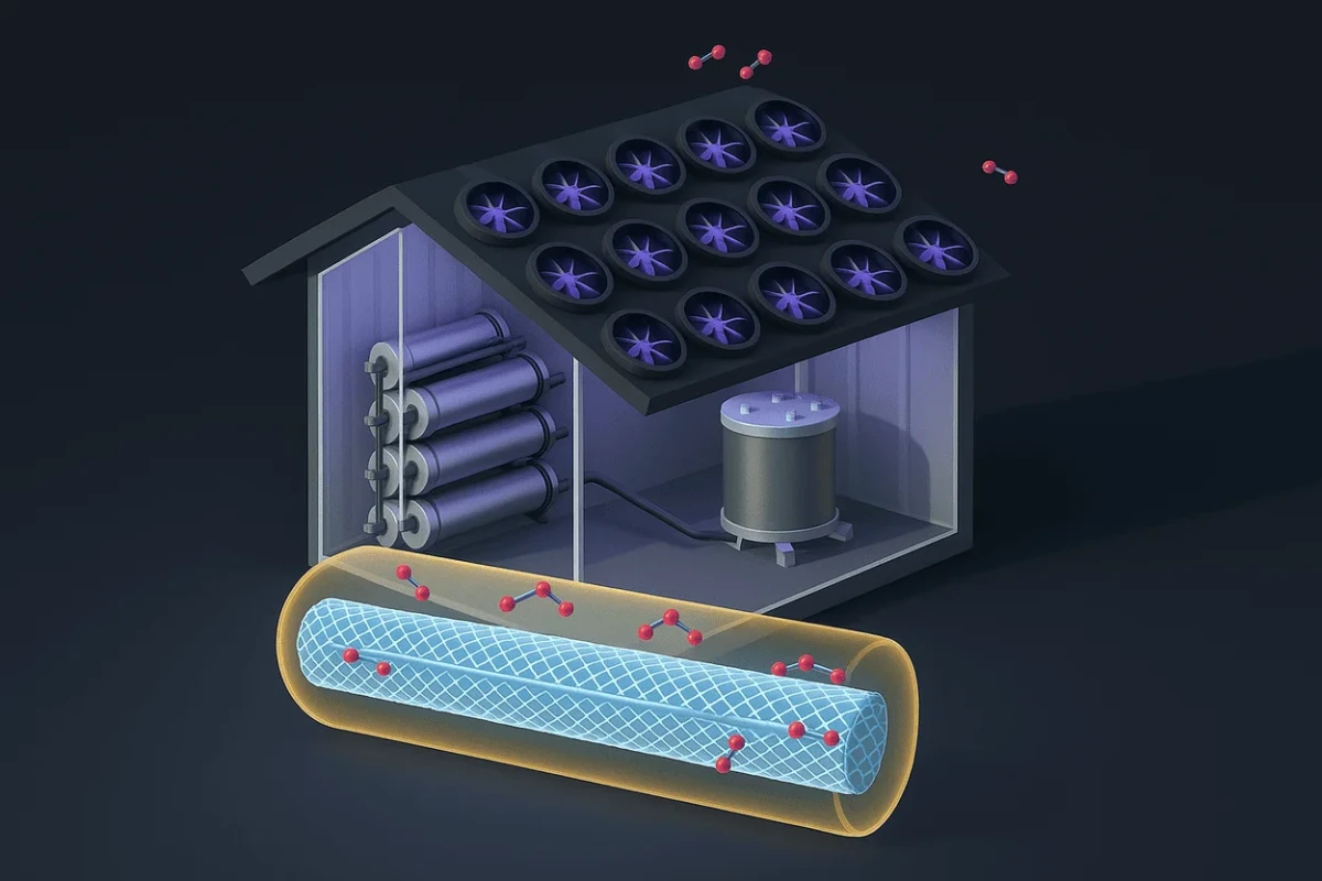 Ilustración de sistema doméstico usando membranas nanométricas para filtrar y eliminar dióxido de carbono del aire, inspirado en tecnología del MIT