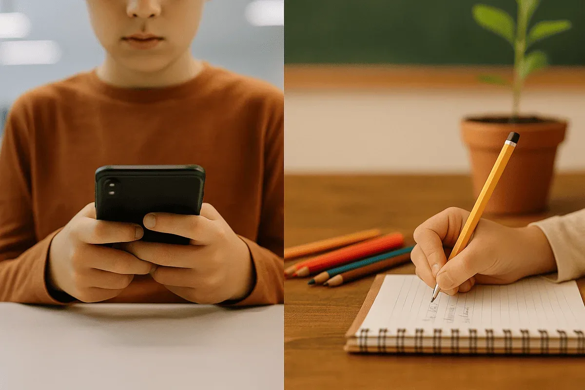 Un estudiante usa un móvil mientras otro escribe en un cuaderno con lápices y materiales naturales