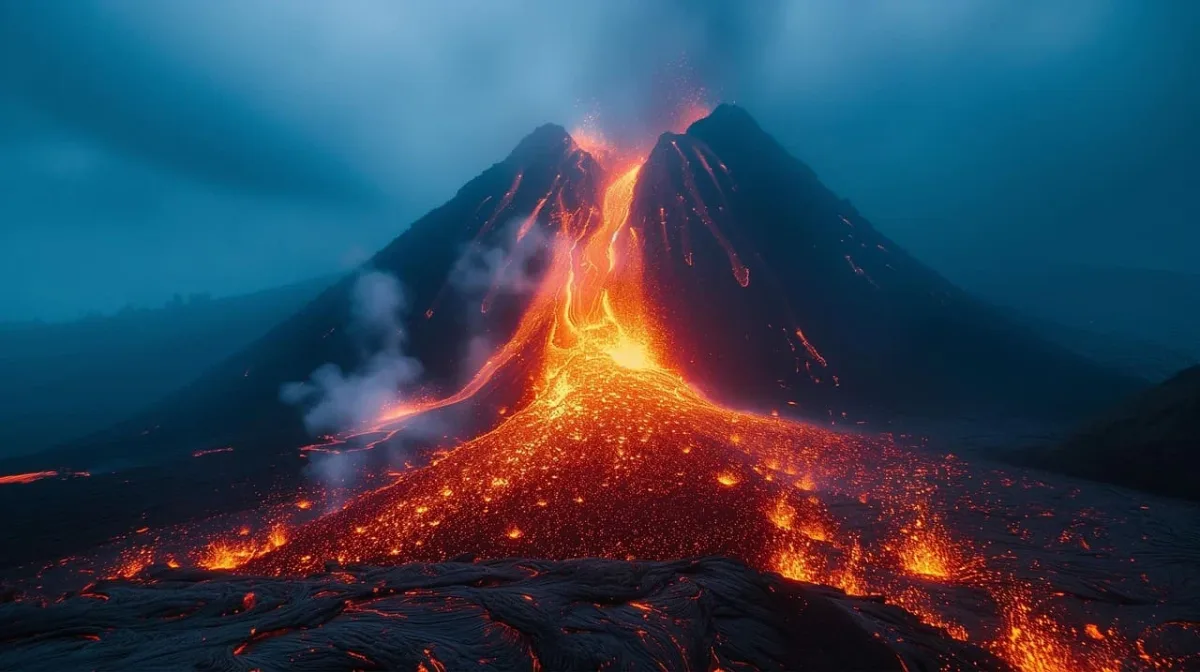 Paisaje volcánico con flujo de lava