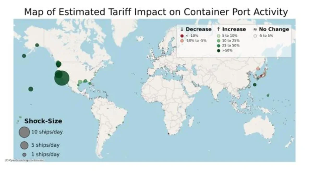 Mapa mundial que muestra el impacto estimado de los aranceles en la actividad portuaria de contenedores
