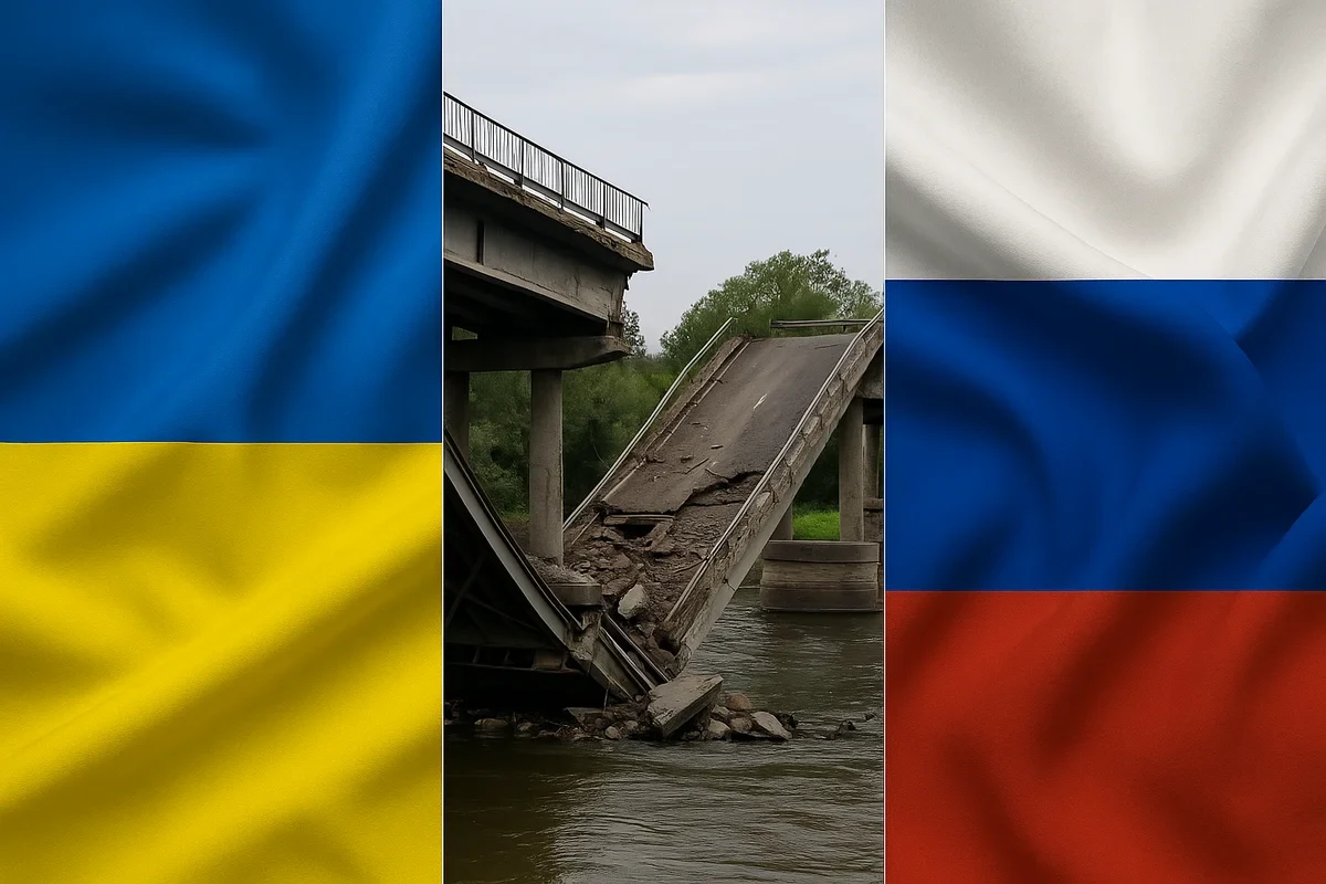 Composición con puente colapsado entre las banderas de Rusia y Ucrania