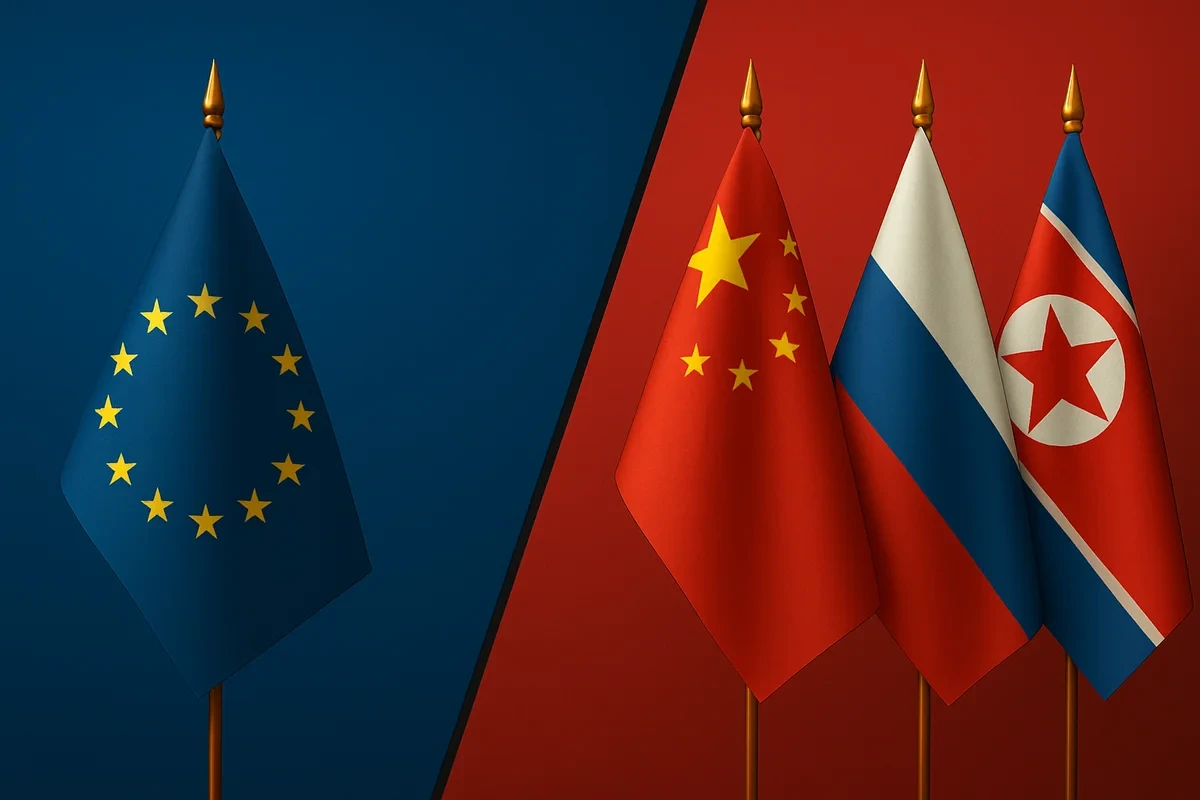 Banderas de la Unión Europea frente a China, Rusia y Corea del Norte