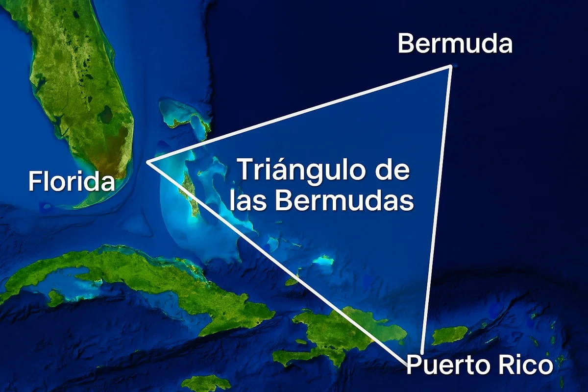 Mapa horizontal del Triángulo de las Bermudas con sus vértices señalados