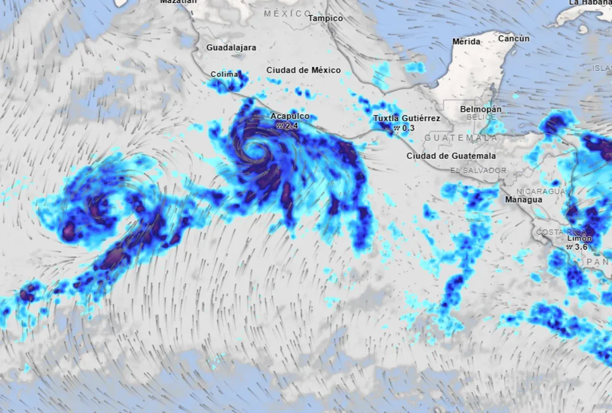 Mapa meteorológico mostrando la formación simultánea de dos ciclones tropicales frente a las costas del Pacífico mexicano