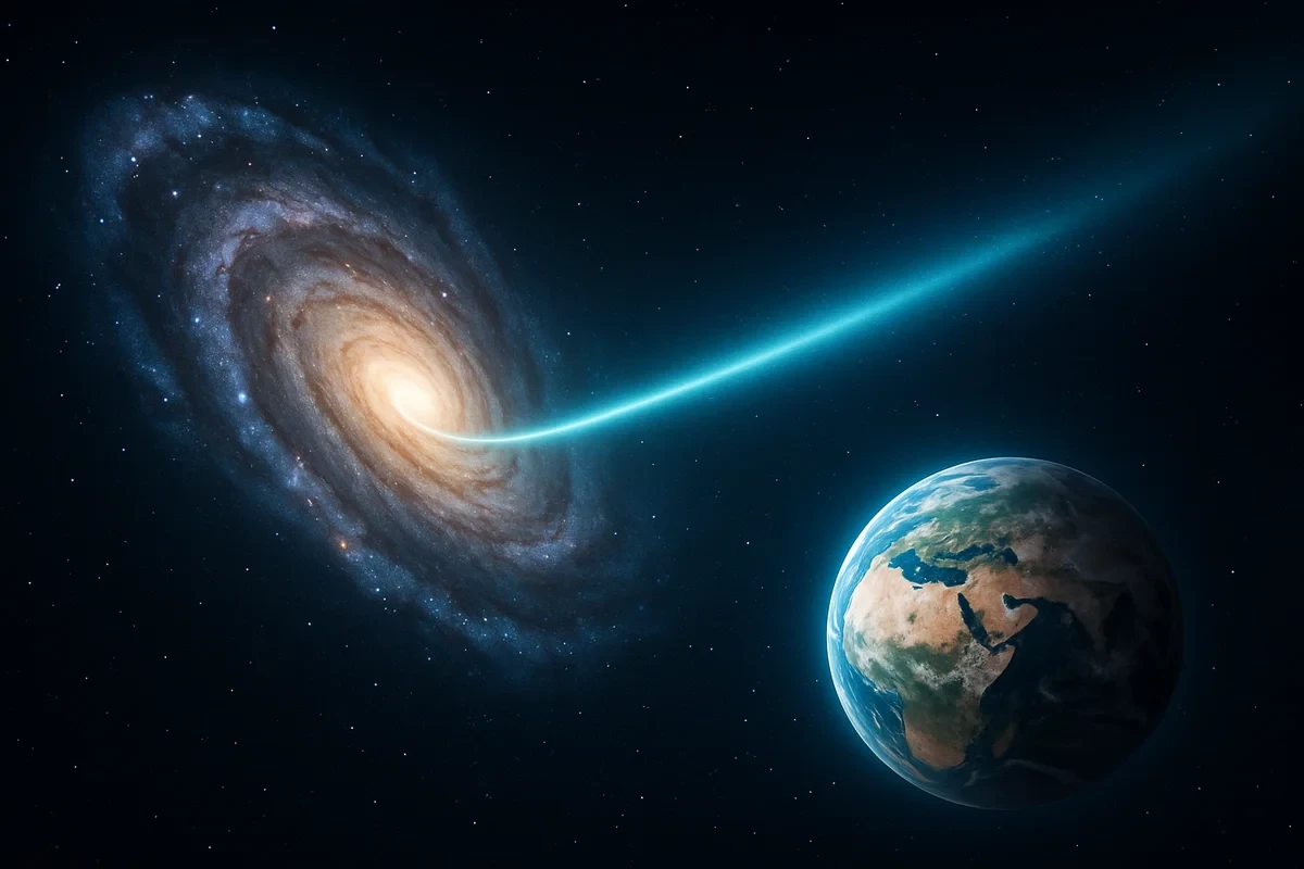 Galaxia espiral lejana emitiendo un haz de energía dirigido a la Tierra