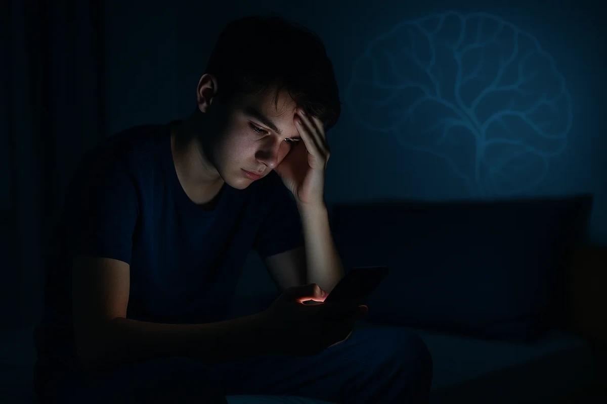 Adolescente sentado en la cama por la noche usando el móvil