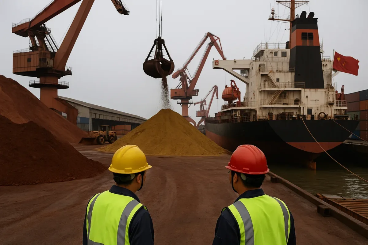 Puerto industrial realista en China con trabajadores y maquinaria cargando tierras raras