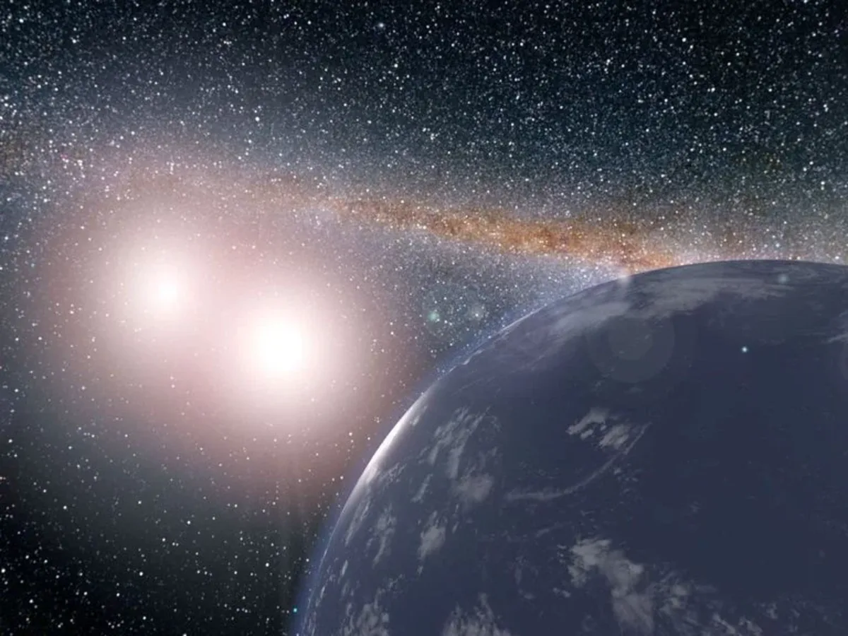 Ilustración artística de un exoplaneta con dos soles brillando en un cielo estrellado