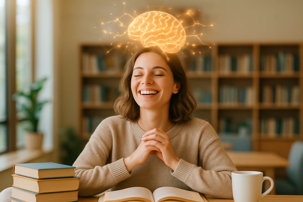 Persona joven sonríe con serenidad mientras estudia en una biblioteca moderna