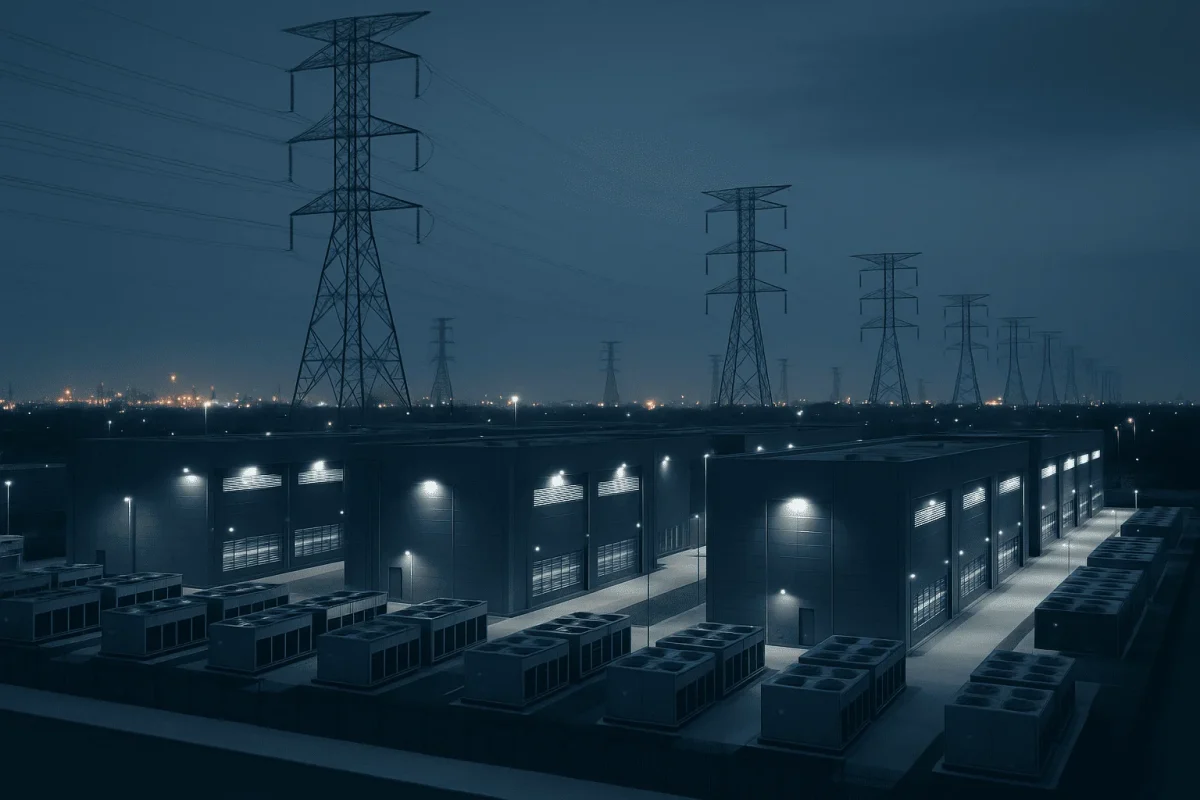 Vista realista y nocturna de centros de datos modernos con torres eléctricas y ciudad al fondo