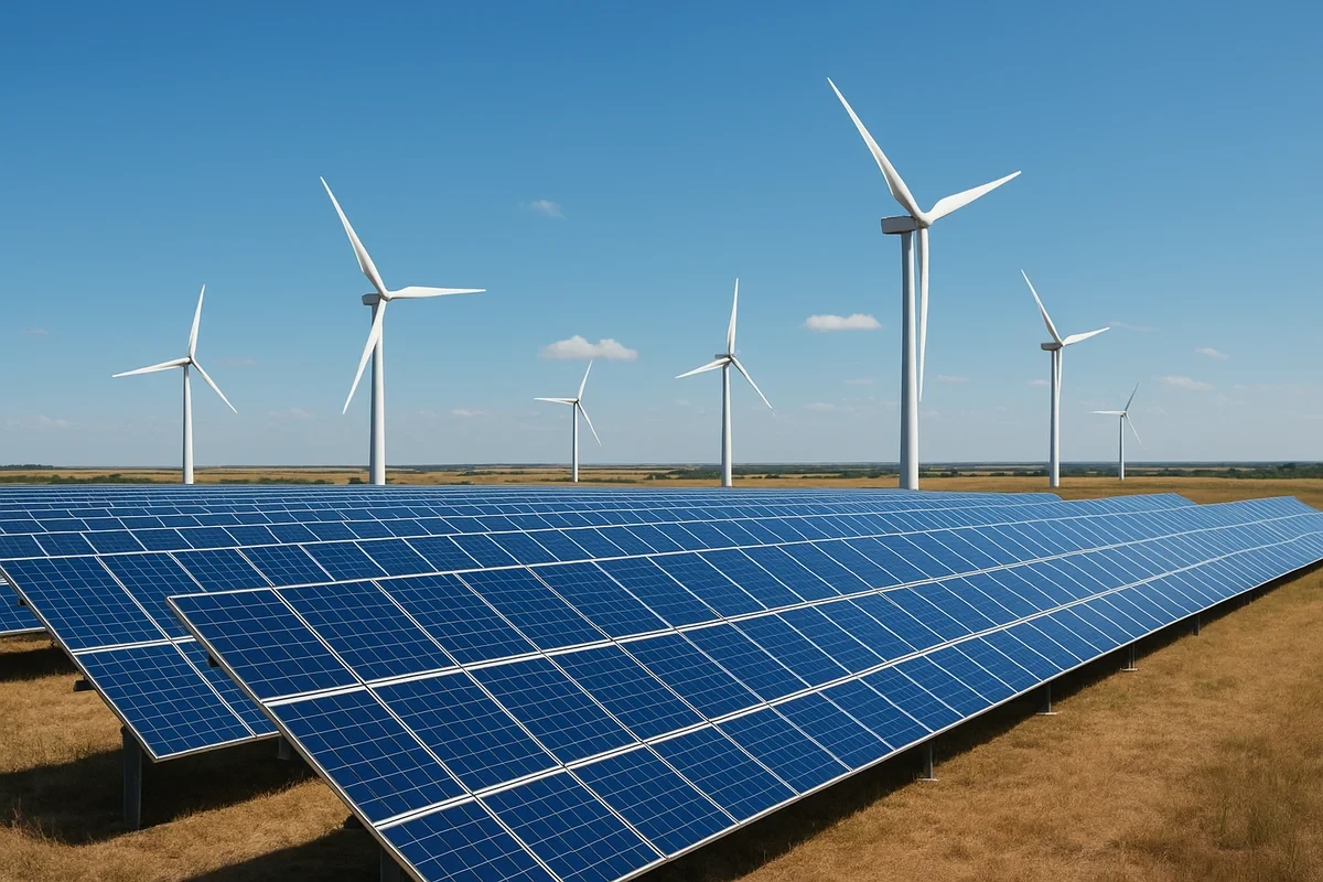 Paneles solares en primer plano y turbinas eólicas al fondo